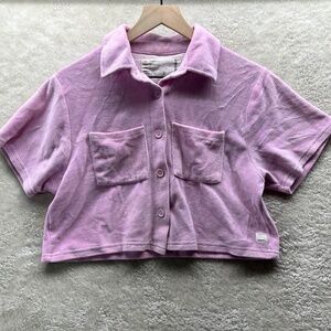 RSQ Retro Terry Cloth Velour Short Sleeve Button Up Cropped Pocket Shirt Pink M